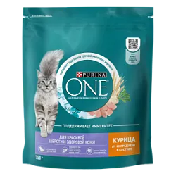 Корм сухой для кошек Purina One для красивой шерсти курица, цельные злаки 750г