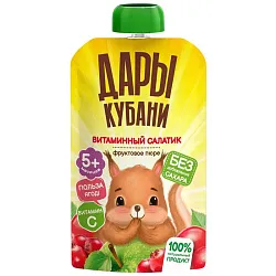 Пюре Дары Кубани фруктовое из ябл, шип, кл, вит. салатик д/детей 0,09л дой-пак